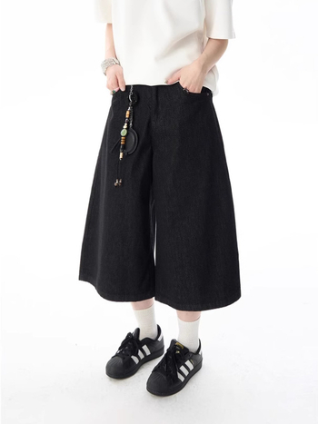 Дънки деним със права кройка, къс крачол, средна талия, цип, памучен деним