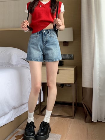 Șort de blugi cu talie înaltă, tiv răsucit, croială largă, denim, 80-90% bumbac
