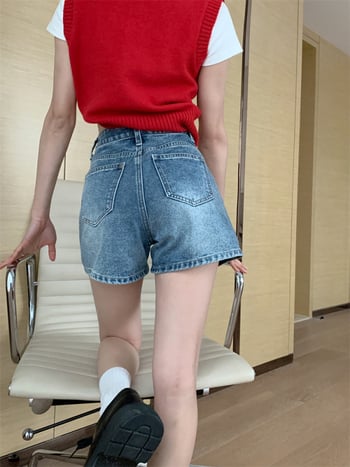 Șort de blugi cu talie înaltă, tiv răsucit, croială largă, denim, 80-90% bumbac