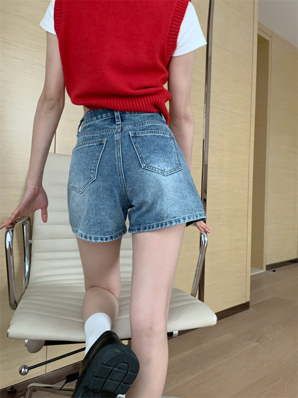 Șort de blugi cu talie înaltă, tiv răsucit, croială largă, denim, 80-90% bumbac