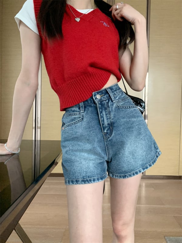 Șort de blugi cu talie înaltă, tiv răsucit, croială largă, denim, 80-90% bumbac