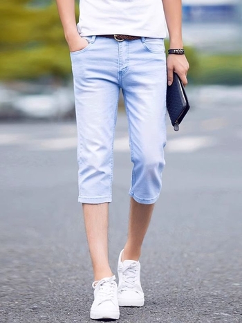 Мъжки дънки в корейски стил, права кройка, cropped дължина, средна талия, памук