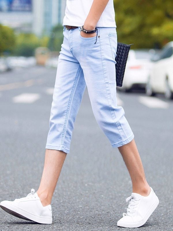 Jeanși pentru bărbați în stil coreean, croială dreaptă, lungime cropped, talie medie, bumbac