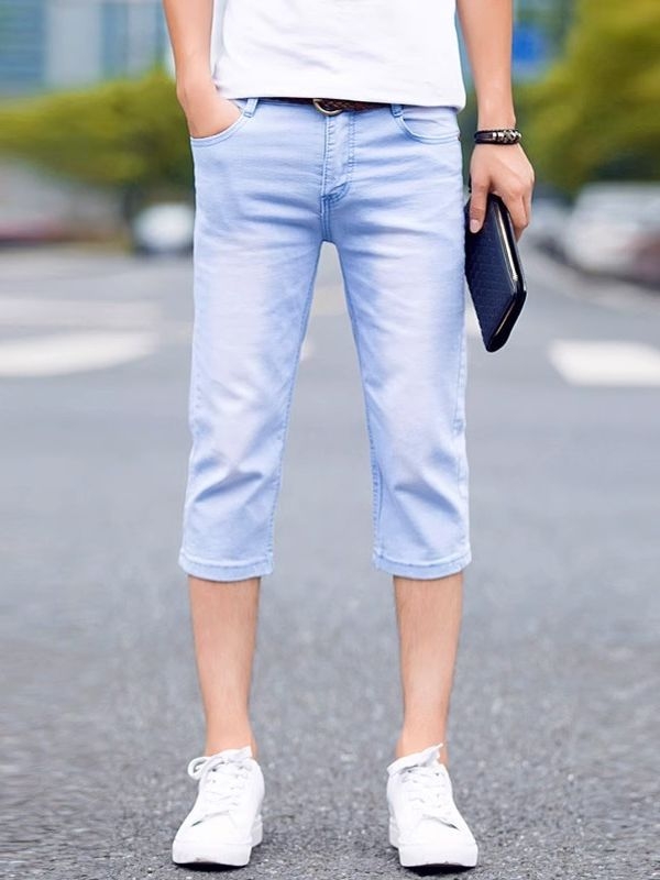 Jeanși pentru bărbați în stil coreean, croială dreaptă, lungime cropped, talie medie, bumbac