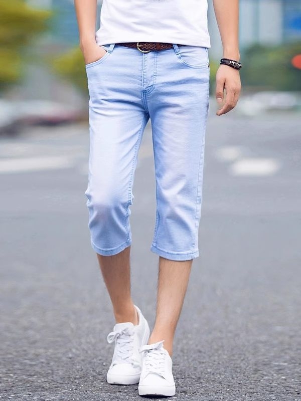 Jeanși pentru bărbați în stil coreean, croială dreaptă, lungime cropped, talie medie, bumbac