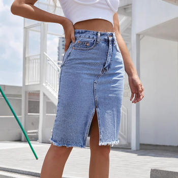 Φούστα Α-γραμμής, μεσαίου μήκους, με ψηλή μέση, με σχισμή, ύφασμα βαμβακό-ελαστάν, υψηλή ελαστικότητα