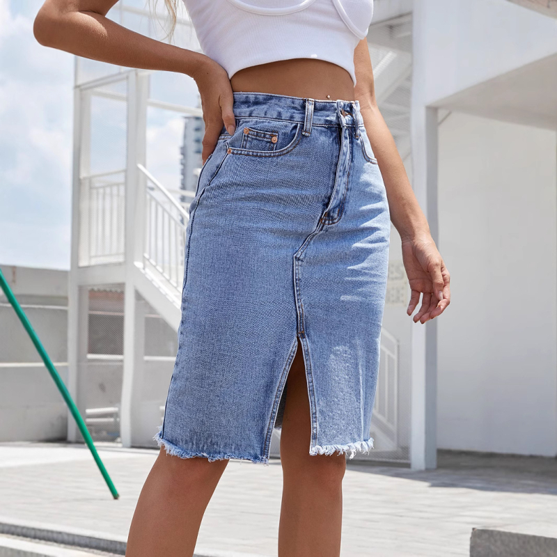 Traper suknja visokog struka, srednje duljine, s otvorom, rastezljivi pamuk denim, street hipster stil