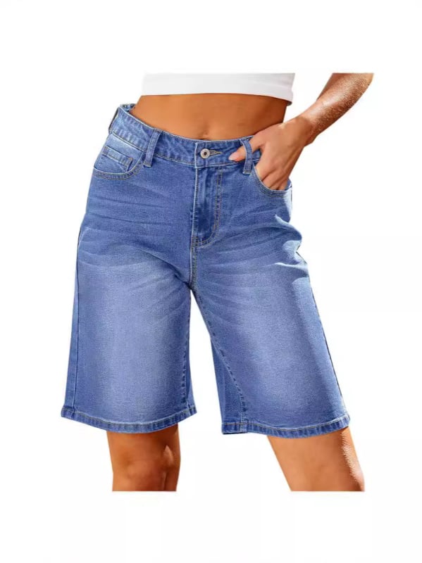 Ženske cropped traperice ravnih krojeva, srednji struk, pamuk Cowboy cloth