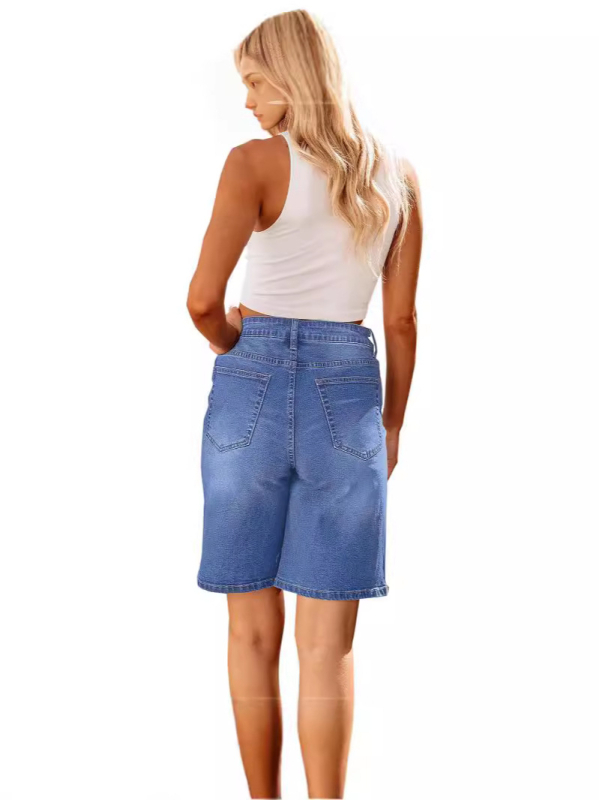 Ženske cropped traperice ravnih krojeva, srednji struk, pamuk Cowboy cloth