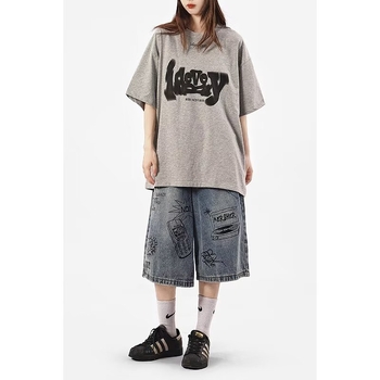 Дънки с принт в стил Хип-Хоп, свободна кройка, средна талия, къс крачол