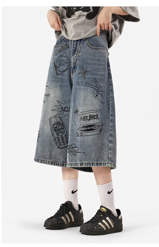 Дънки с принт в стил Хип-Хоп, свободна кройка, средна талия, къс крачол