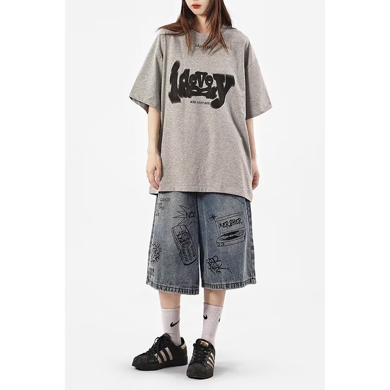 Дънки с принт в стил Хип-Хоп, свободна кройка, средна талия, къс крачол