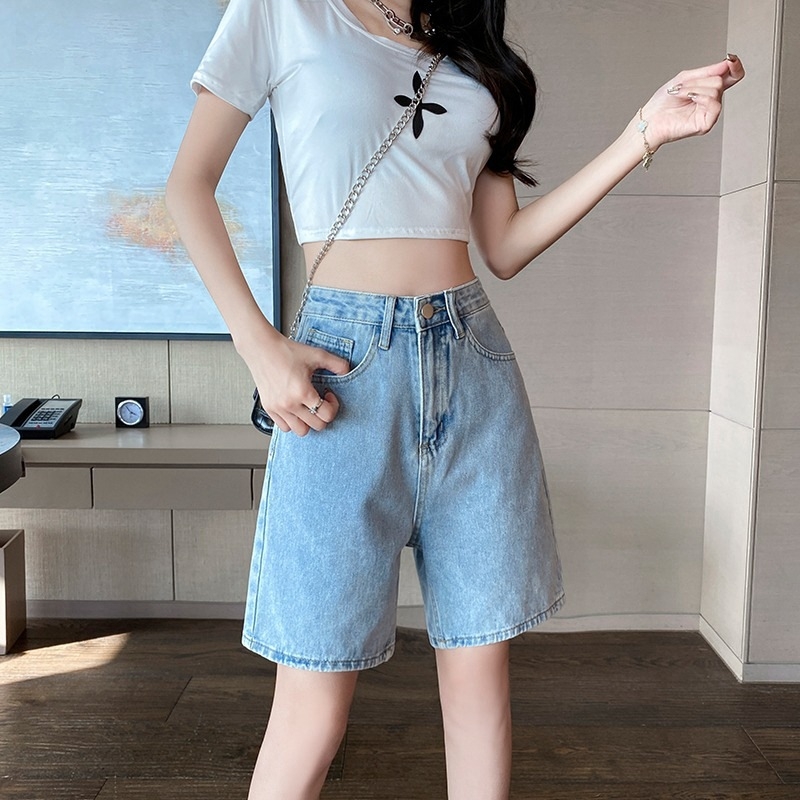 Γυναικείος σορτς τζίν με υψηλή μέση, ίσια γραμμή, 70–80% βαμβάκι, ύφασμα τζιν