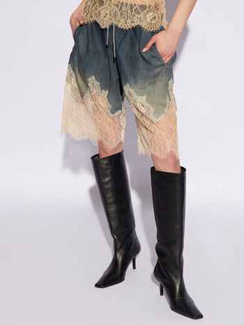 Șort din bumbac cu talie înaltă, lungime Five-Point, textură goală, stil street hipster