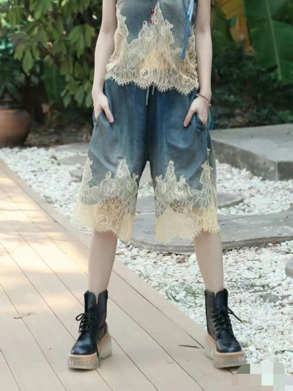 Șort din bumbac cu talie înaltă, lungime Five-Point, textură goală, stil street hipster