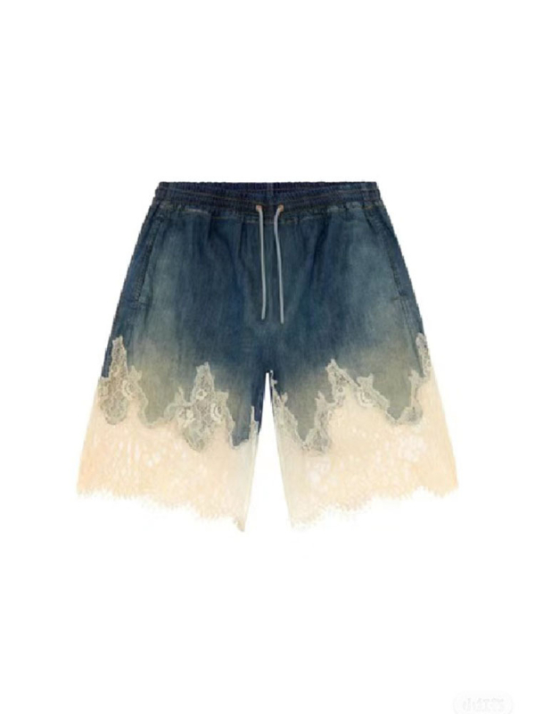 Șort din bumbac cu talie înaltă, lungime Five-Point, textură goală, stil street hipster