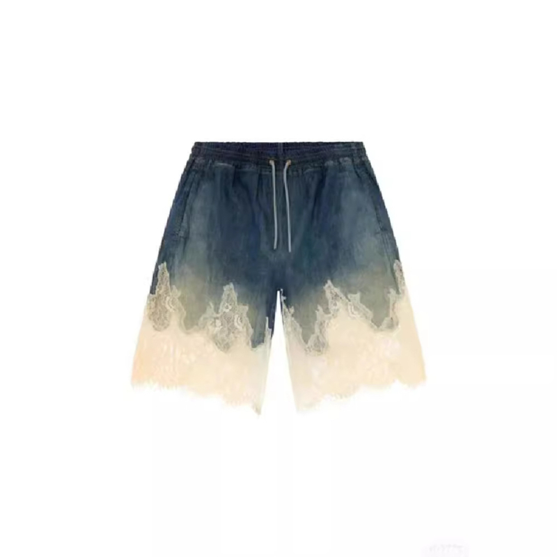 Șort din bumbac cu talie înaltă, lungime Five-Point, textură goală, stil street hipster