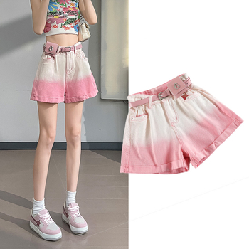 Памучни деним къси панталони с висока талия, А-образна кройка с подгънат ръб, тънък силует