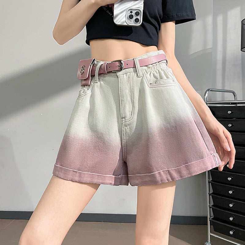 Памучни деним къси панталони с висока талия, А-образна кройка с подгънат ръб, тънък силует