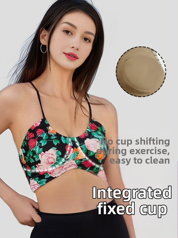 Női integrált vékony pántos sportmelltartó - leopárd mintás, 3/4 kosár, közepes formázó kosár, nylon 75% és 25% spandex bélés, rögzített dupla pántok