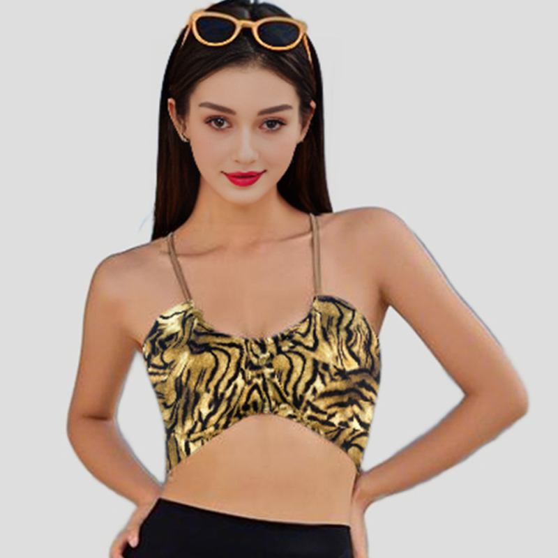 Női integrált vékony pántos sportmelltartó - leopárd mintás, 3/4 kosár, közepes formázó kosár, nylon 75% és 25% spandex bélés, rögzített dupla pántok