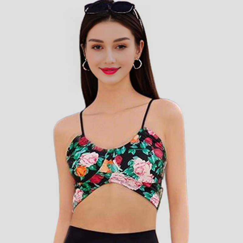 Női integrált vékony pántos sportmelltartó - leopárd mintás, 3/4 kosár, közepes formázó kosár, nylon 75% és 25% spandex bélés, rögzített dupla pántok