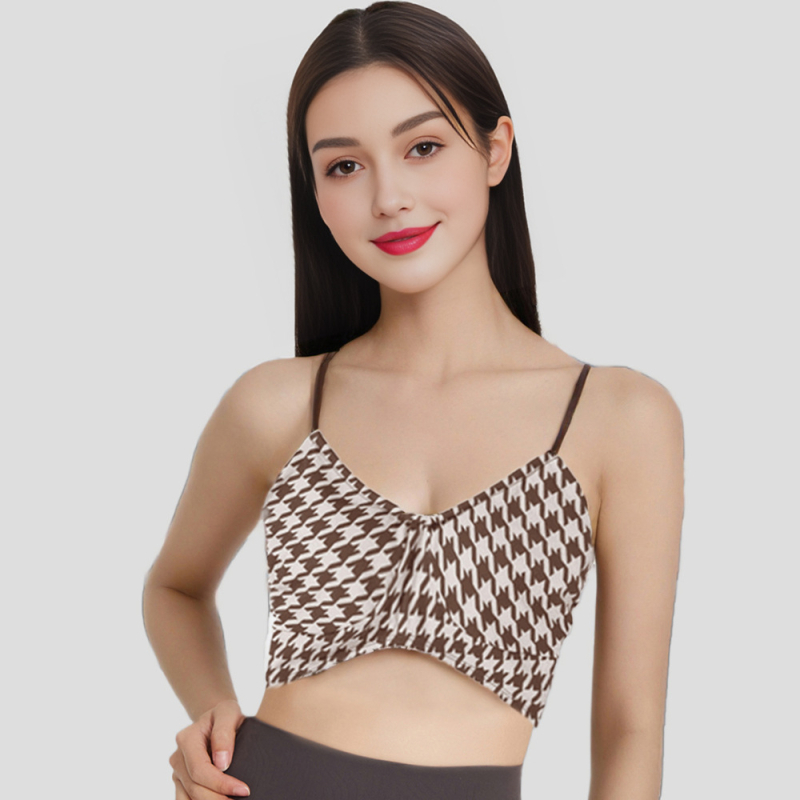 Női integrált vékony pántos sportmelltartó - leopárd mintás, 3/4 kosár, közepes formázó kosár, nylon 75% és 25% spandex bélés, rögzített dupla pántok