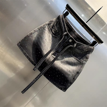 Τζιν φούστα με κρύσταλλα, σπάντεξ, μικροελαστικότητα, τεχνική θερμής τοποθέτησης κρυστάλλων