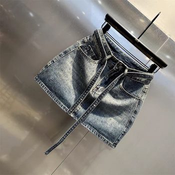 Τζιν φούστα με κρύσταλλα, σπάντεξ, μικροελαστικότητα, τεχνική θερμής τοποθέτησης κρυστάλλων