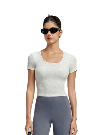 Йога топ с подплънки за бюста - дишаща вискоза-еластан смес, слим фит, талия-дължина, къс ръкав, за йога и спорт