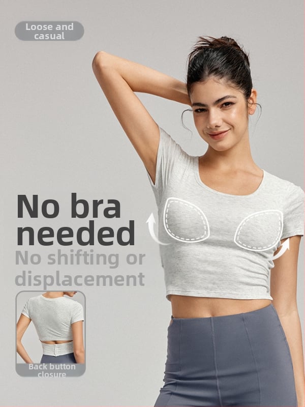 Йога топ с подплънки за бюста - дишаща вискоза-еластан смес, слим фит, талия-дължина, къс ръкав, за йога и спорт