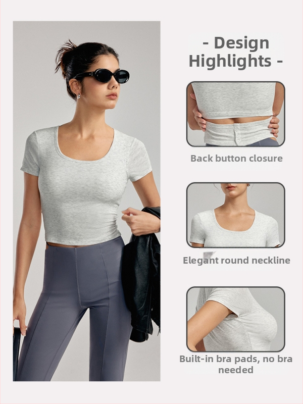 Йога топ с подплънки за бюста - дишаща вискоза-еластан смес, слим фит, талия-дължина, къс ръкав, за йога и спорт