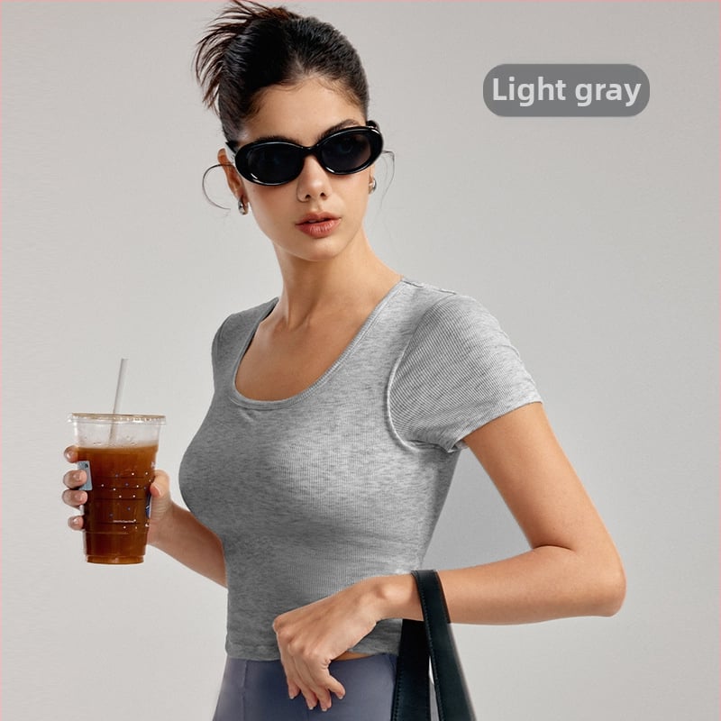 Йога топ с подплънки за бюста - дишаща вискоза-еластан смес, слим фит, талия-дължина, къс ръкав, за йога и спорт