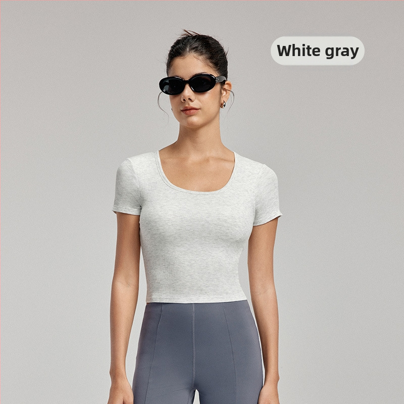 Йога топ с подплънки за бюста - дишаща вискоза-еластан смес, слим фит, талия-дължина, къс ръкав, за йога и спорт