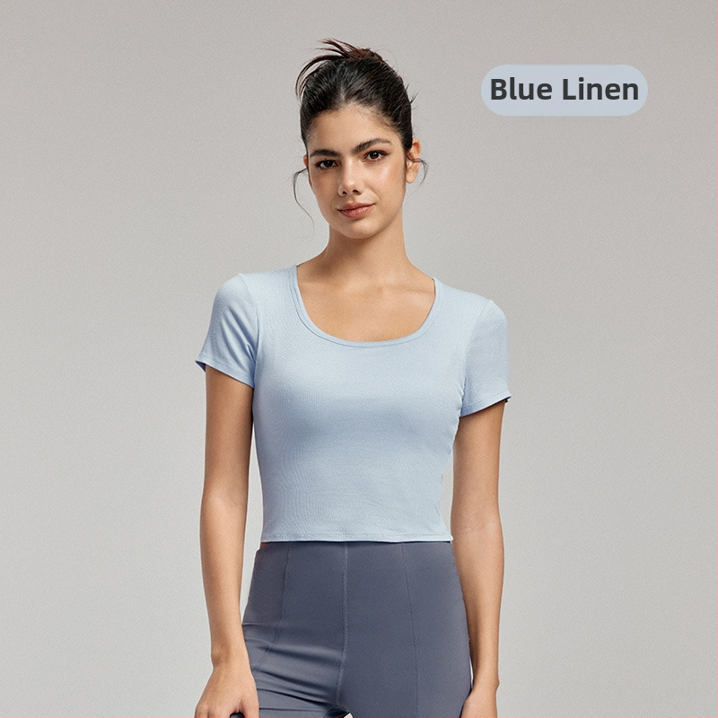 Йога топ с подплънки за бюста - дишаща вискоза-еластан смес, слим фит, талия-дължина, къс ръкав, за йога и спорт