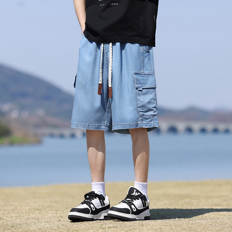 Ανδρικά σορτς από denim Tencel - καλοκαίρι ελαφριά, ελεύθερη γραμμή, μεσαία ζώνη, μήκος 5/4, ύφασμα Ice Silk, Lyocell 63% / Polyester 25% / Viscose 12%