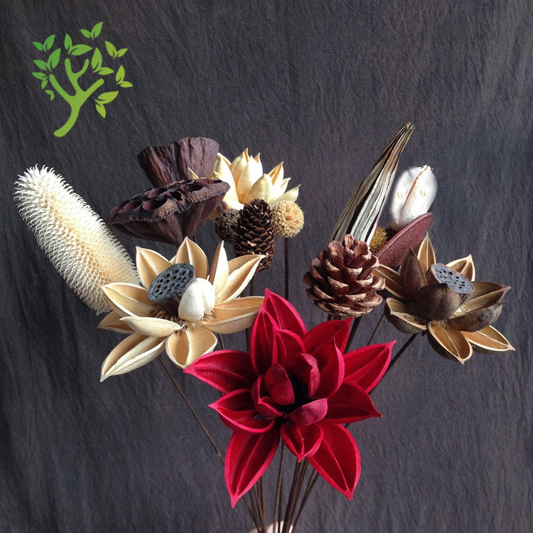 Zen stiliaus džiovintų gėlių puokštė svetainei – mišrios elementai su lotosu, lotus sėklų kapsulėmis ir pušų kankorėžiais (Variety: Lily; Material: Other; Craft: Other; Gift: No)