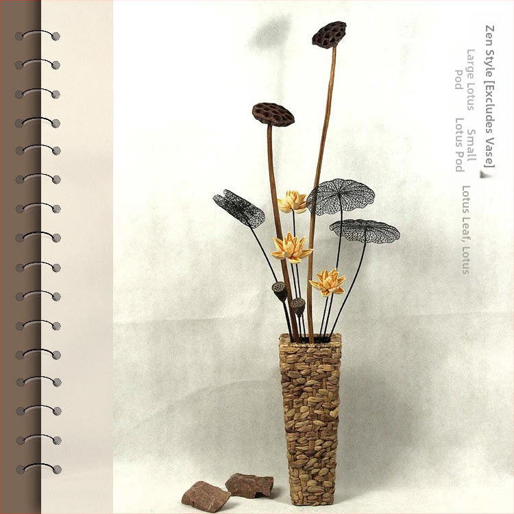 Zen stiliaus džiovintų gėlių puokštė svetainei – mišrios elementai su lotosu, lotus sėklų kapsulėmis ir pušų kankorėžiais (Variety: Lily; Material: Other; Craft: Other; Gift: No)