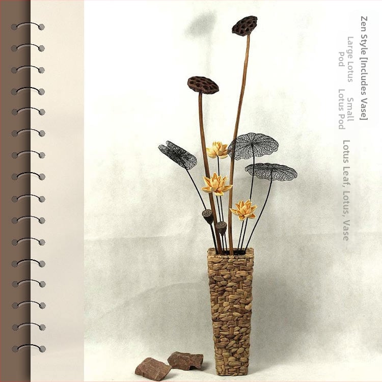 Zen stiliaus džiovintų gėlių puokštė svetainei – mišrios elementai su lotosu, lotus sėklų kapsulėmis ir pušų kankorėžiais (Variety: Lily; Material: Other; Craft: Other; Gift: No)