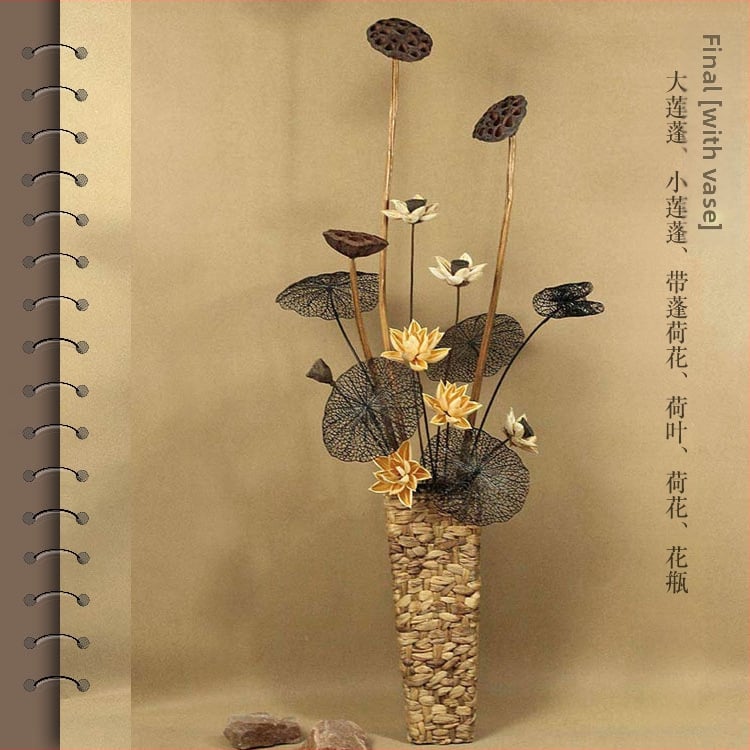 Zen stiliaus džiovintų gėlių puokštė svetainei – mišrios elementai su lotosu, lotus sėklų kapsulėmis ir pušų kankorėžiais (Variety: Lily; Material: Other; Craft: Other; Gift: No)