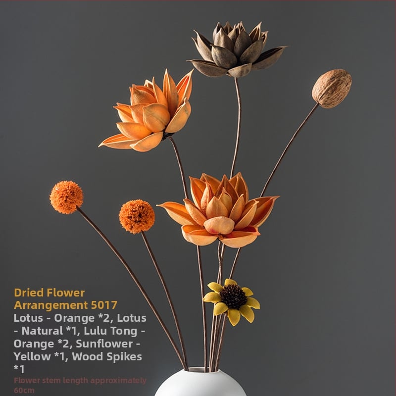 Zen stiliaus džiovintų gėlių puokštė svetainei – mišrios elementai su lotosu, lotus sėklų kapsulėmis ir pušų kankorėžiais (Variety: Lily; Material: Other; Craft: Other; Gift: No)