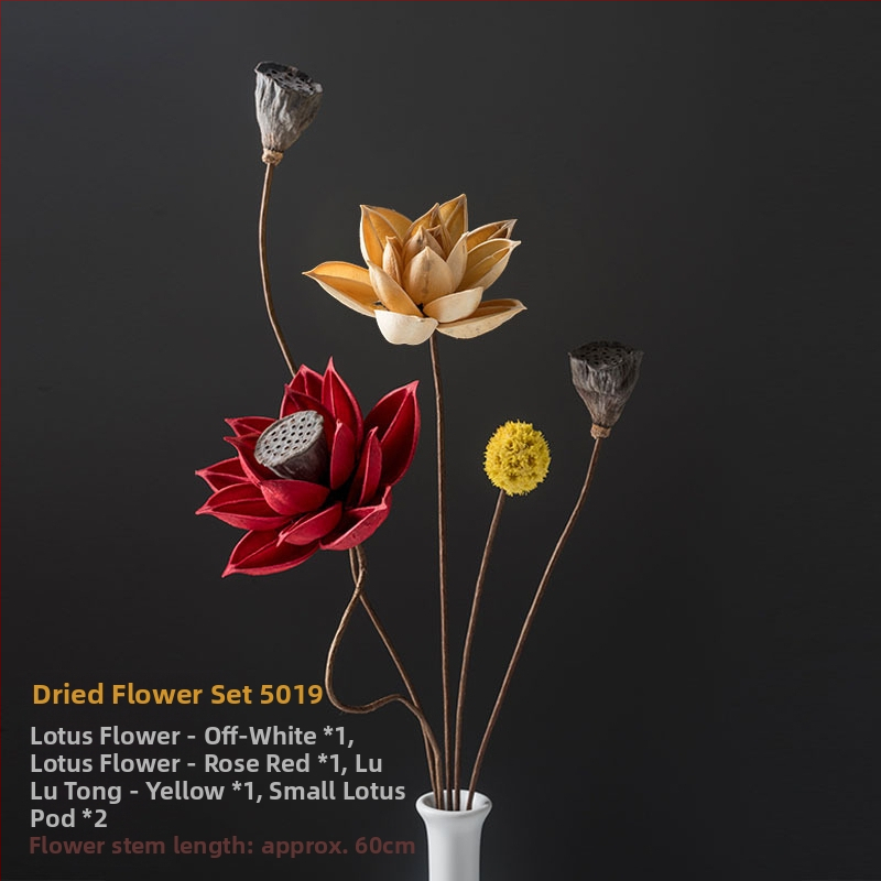 Zen stiliaus džiovintų gėlių puokštė svetainei – mišrios elementai su lotosu, lotus sėklų kapsulėmis ir pušų kankorėžiais (Variety: Lily; Material: Other; Craft: Other; Gift: No)