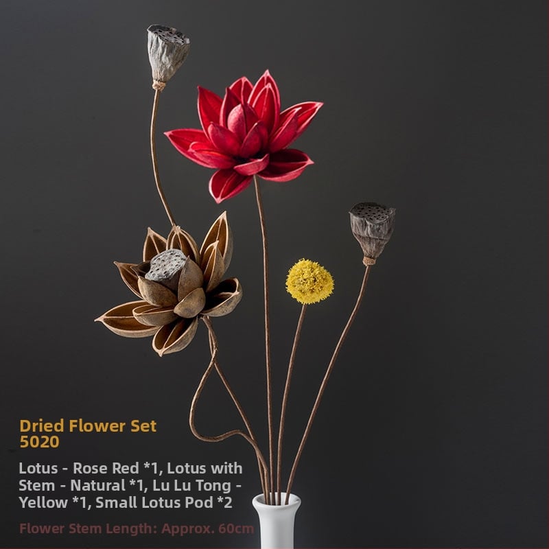 Zen stiliaus džiovintų gėlių puokštė svetainei – mišrios elementai su lotosu, lotus sėklų kapsulėmis ir pušų kankorėžiais (Variety: Lily; Material: Other; Craft: Other; Gift: No)