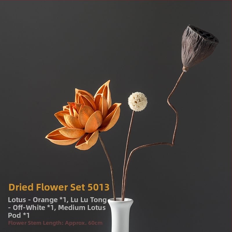 Zen stiliaus džiovintų gėlių puokštė svetainei – mišrios elementai su lotosu, lotus sėklų kapsulėmis ir pušų kankorėžiais (Variety: Lily; Material: Other; Craft: Other; Gift: No)