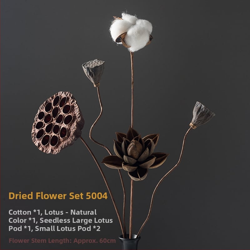 Zen stiliaus džiovintų gėlių puokštė svetainei – mišrios elementai su lotosu, lotus sėklų kapsulėmis ir pušų kankorėžiais (Variety: Lily; Material: Other; Craft: Other; Gift: No)