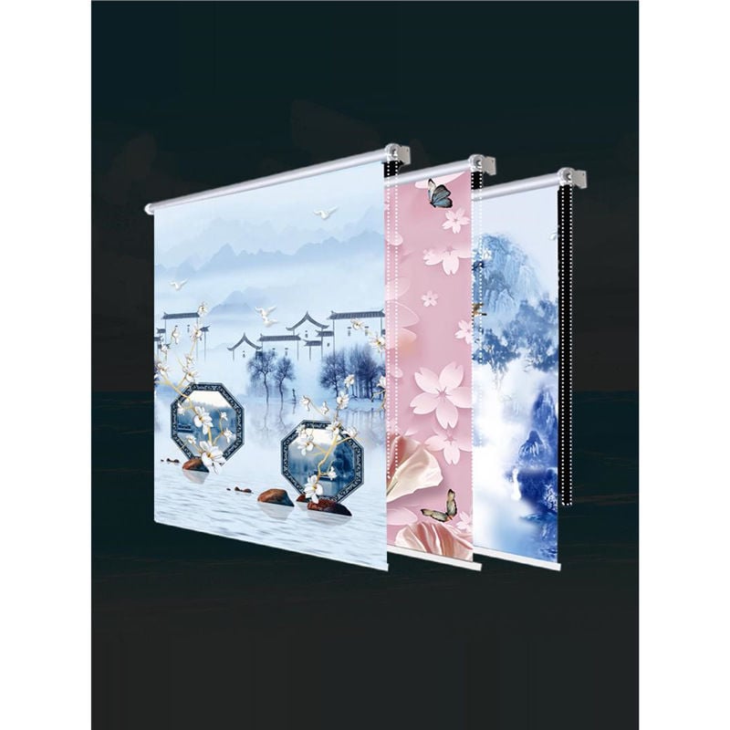 Ruloninė užuolaida, montavimas be gręžimo, stori audinys su peizažo spaudu svetainei