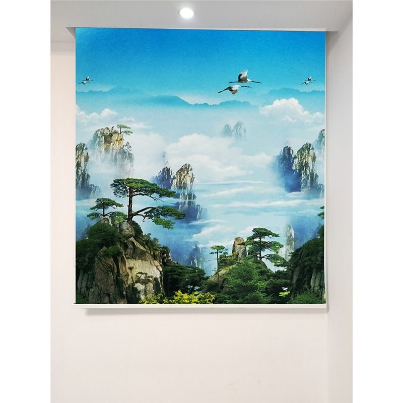 Ruloninė užuolaida, montavimas be gręžimo, stori audinys su peizažo spaudu svetainei