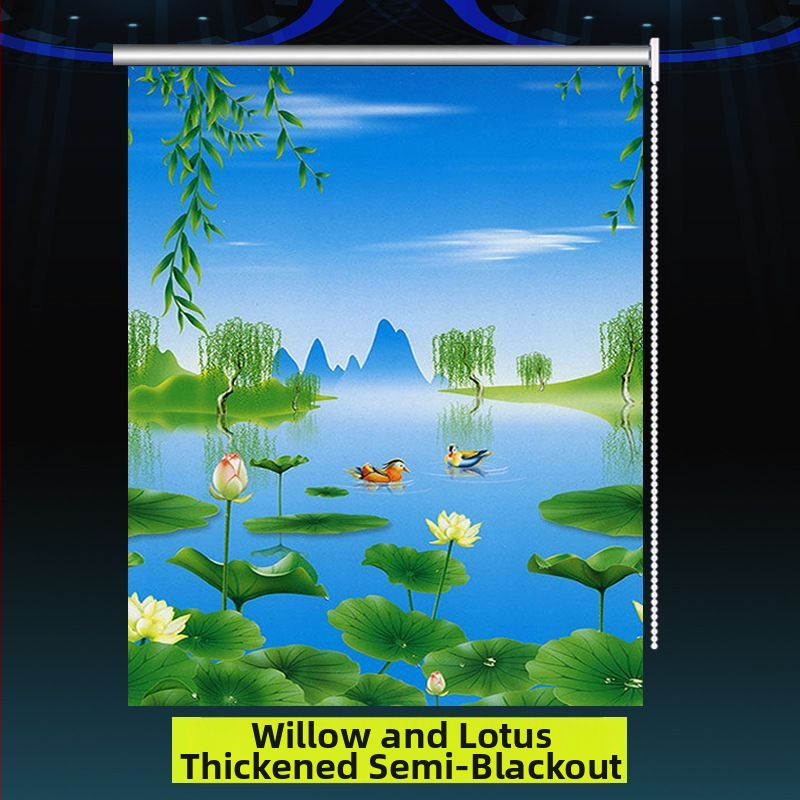 Ruloninė užuolaida, montavimas be gręžimo, stori audinys su peizažo spaudu svetainei