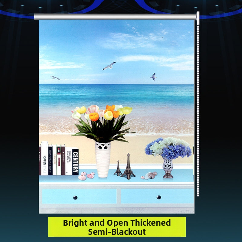 Ruloninė užuolaida, montavimas be gręžimo, stori audinys su peizažo spaudu svetainei