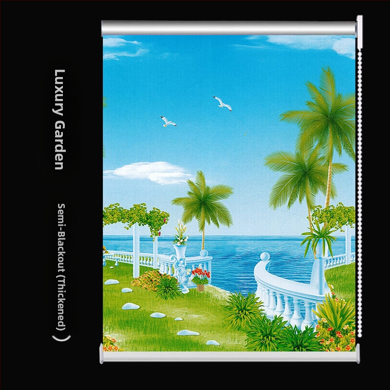 Ruloninė užuolaida, montavimas be gręžimo, stori audinys su peizažo spaudu svetainei